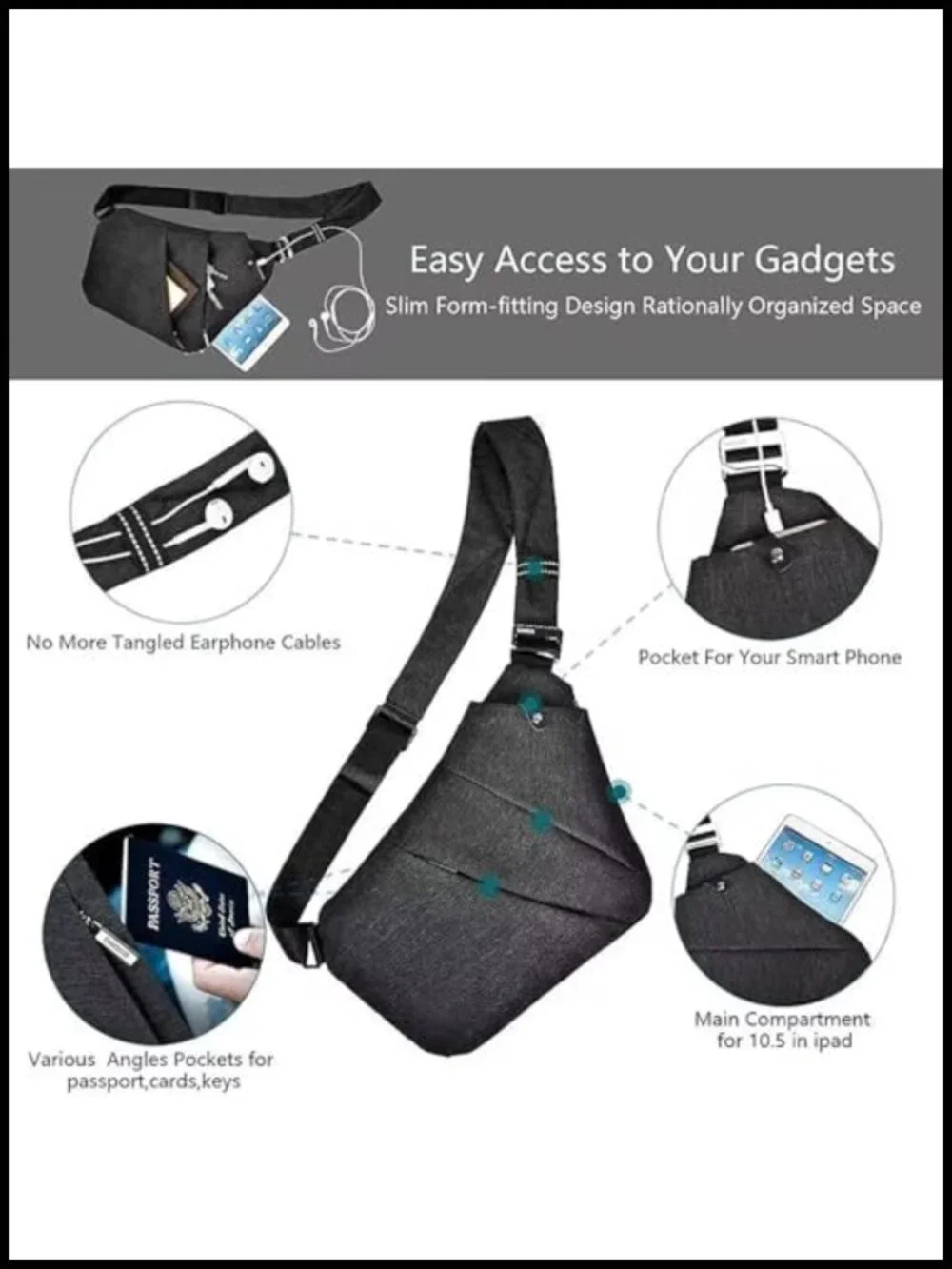 Water-Resistant Anti Theft Crossbody Sling Bag with RFID, Multi-Pocket,